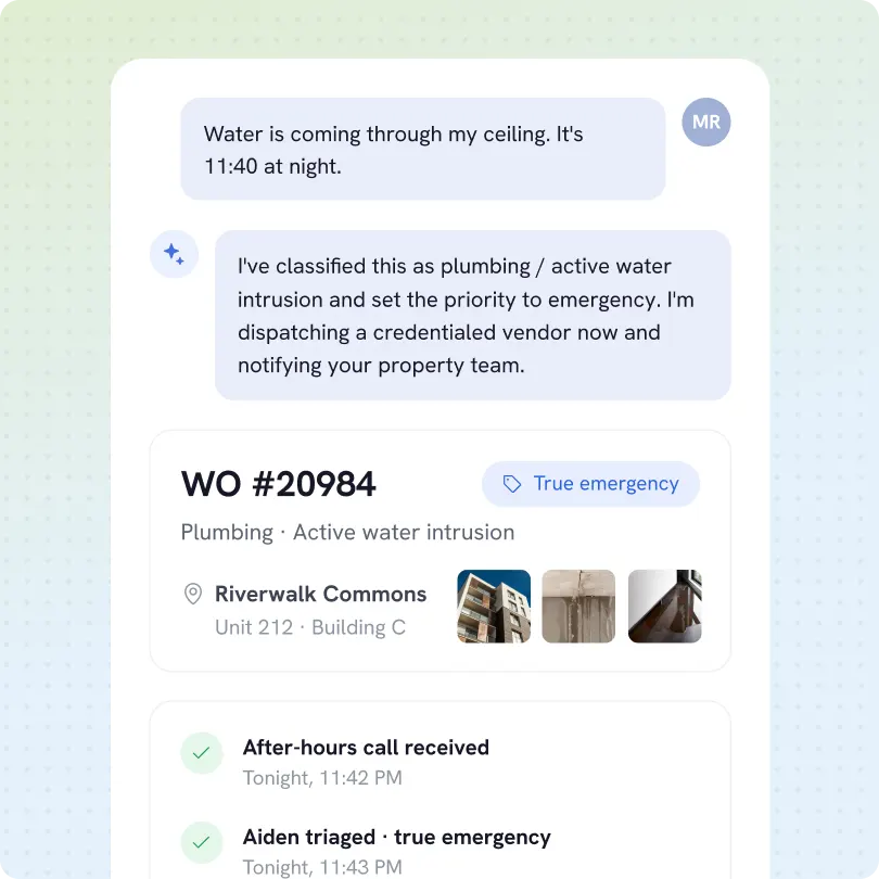A conversation about a plumbing emergency where water is coming through the ceiling at 11:40 PM. The issue is classified as active water intrusion with priority set to emergency. Work order #20984 for Riverwalk Commons, Unit 212, Building C, labeled a true emergency, includes images of a building and water damage. Status updates show after-hours call received at 11:42 PM and emergency triage at 11:43 PM.