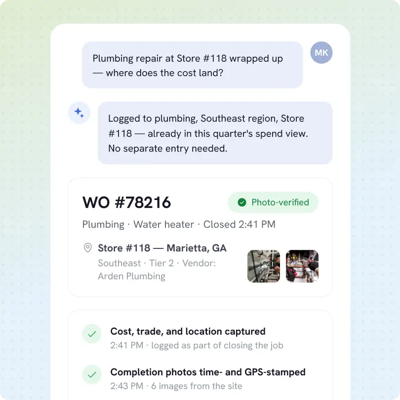 Screenshot of a work order chat exchange and details about plumbing repair at Store #118 in Marietta, GA, Southeast region. The chat confirms the repair cost is logged in this quarter's spend view with no separate entry needed. The work order #78216 shows plumbing and water heater service closed at 2:41 PM, photo-verified with two thumbnails of plumbing site images. It also notes cost, trade, and location captured, and completion photos time- and GPS-stamped with six images.
