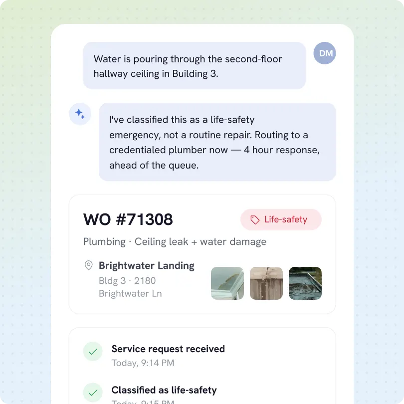 Chat interface showing a water leak emergency report for Building 3's second-floor hallway ceiling with a life-safety classification, routing to a plumber with a 4-hour response at Brightwater Landing. Work order #71308 lists ceiling leak and water damage plumbing issues with three thumbnail images. Status updates include service request received at 9:14 PM and classified as life-safety at 9:15 PM.