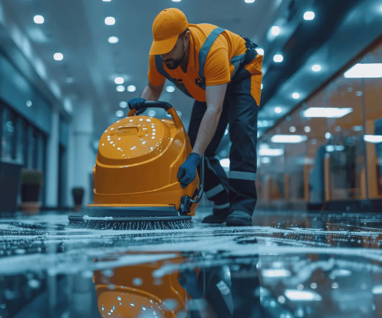 Worker in orange uniform and cap using a floor cleaning machine on a shiny indoor floor with soap suds, reflecting lights and surroundings.