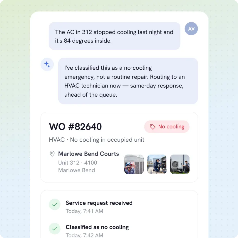 Chat conversation about AC unit 312 that stopped cooling with indoor temperature at 84 degrees. Classification as no-cooling emergency with same-day HVAC technician response. Work order #82640 at Marlowe Bend Courts for no cooling in occupied unit 312. Status shows service request received at 7:41 AM and classified as no cooling at 7:42 AM, with photos of HVAC technician working.