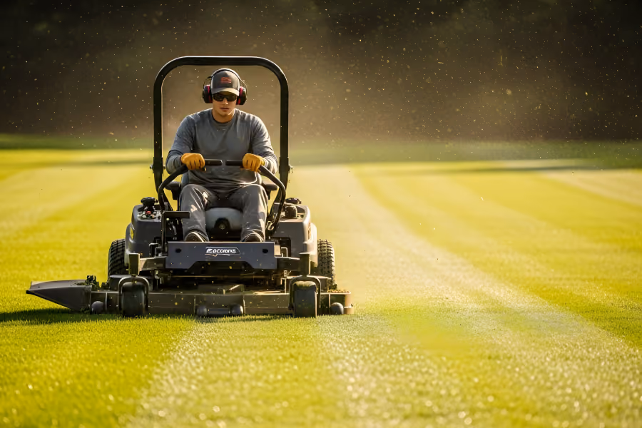 Person wearing gloves, sunglasses, hat, and earmuffs riding a zero-turn lawn mower across a green, striped lawn with sunlight and grass clippings in the air.