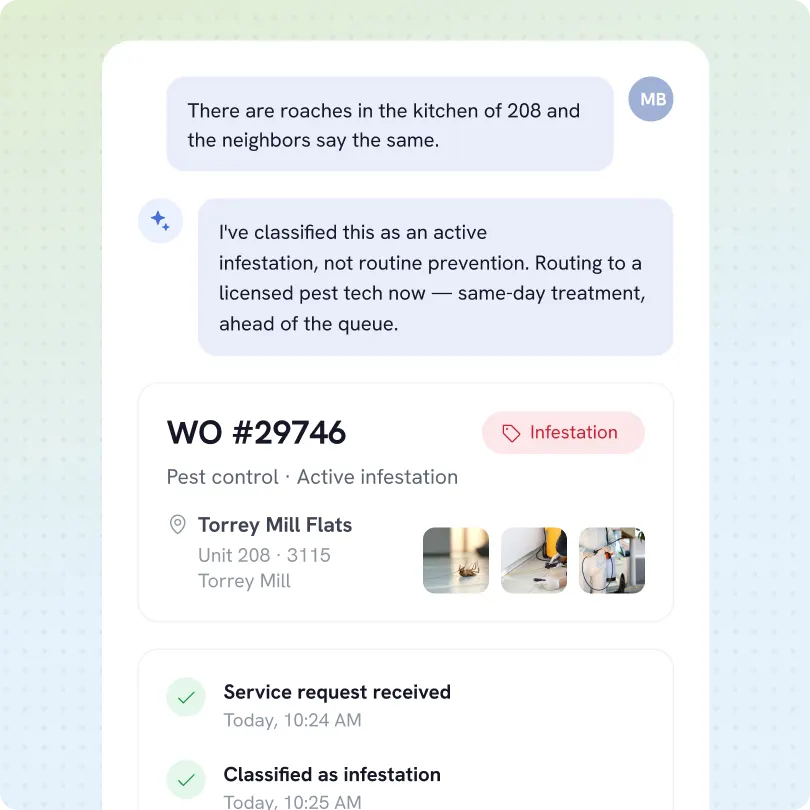 Chat conversation showing a pest control service request for unit 208 at Torrey Mill Flats reporting roaches in the kitchen and neighbors affected. The request is classified as an active infestation with same-day treatment routing and status updates for service request received and infestation classification.