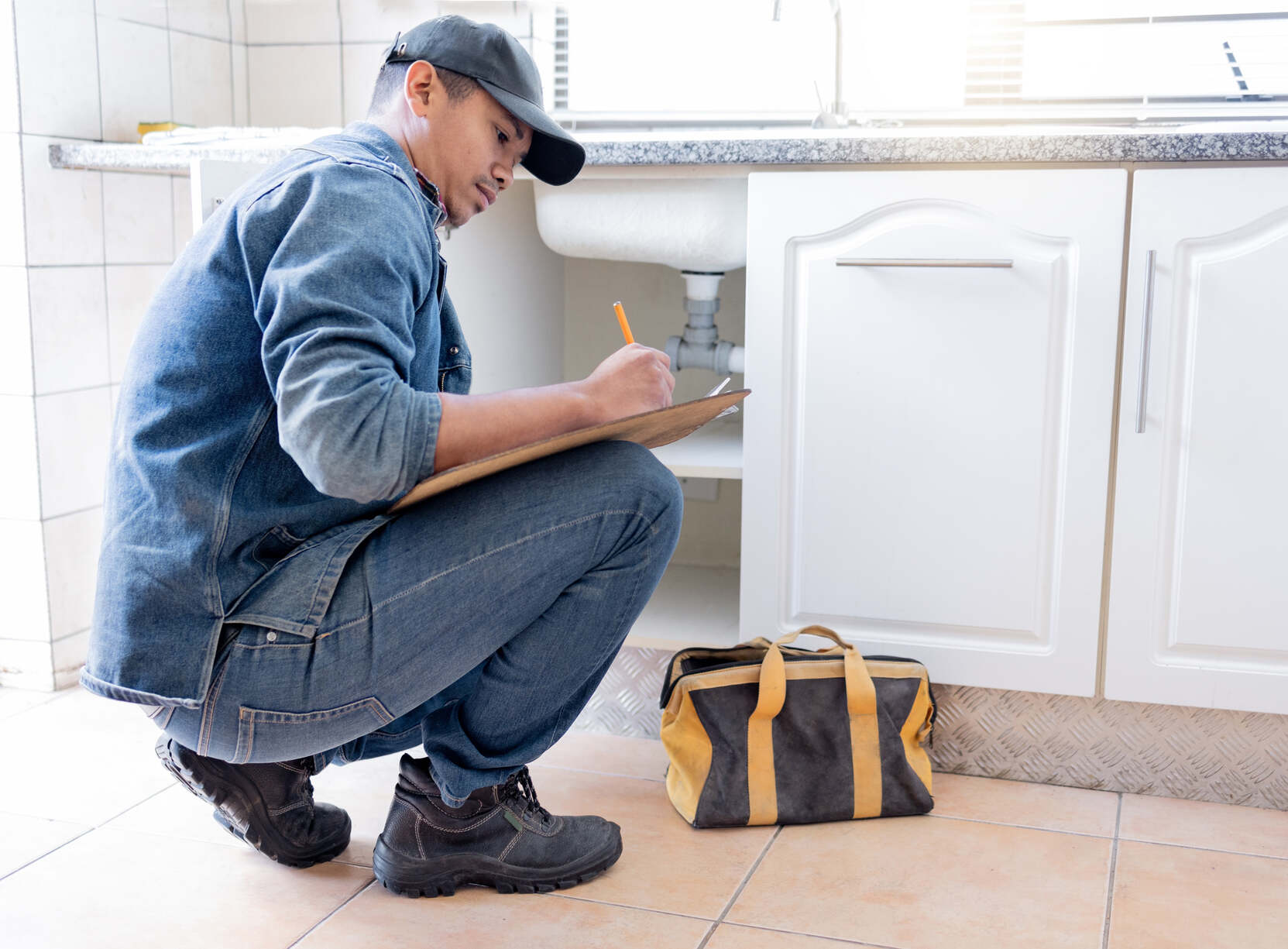 A man wearing a denim jacket and cap crouches on a tiled floor while writing on a clipboard, inspecting plumbing under a kitchen sink, with a black and yellow tool bag beside him.