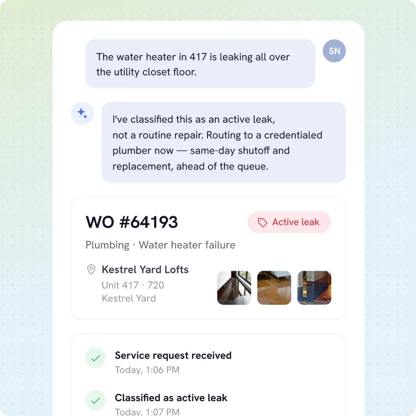 Screenshot of a messaging and work order interface reporting a water heater leak in unit 417 at Kestrel Yard Lofts, classified as an active leak needing immediate plumber routing with same-day shutoff and replacement, including timestamps for service request received and classification.