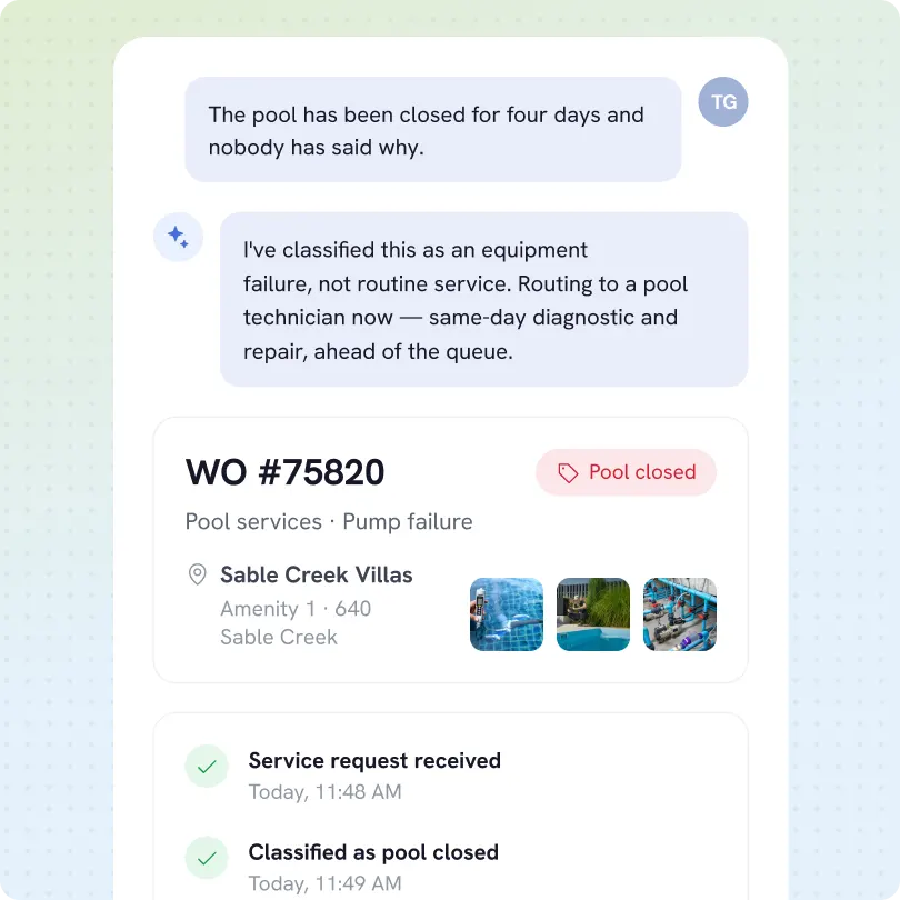 Chat conversation about a pool closed for four days without explanation. One message classifies it as equipment failure, routing to a pool technician for same-day diagnosis and repair. Work order #75820 labeled 'Pool closed' for pool services due to pump failure at Sable Creek Villas, Amenity 1, 640 Sable Creek. Three thumbnail images show pool areas and pool equipment. Status updates note service request received at 11:48 AM and classified as pool closed at 11:49 AM.