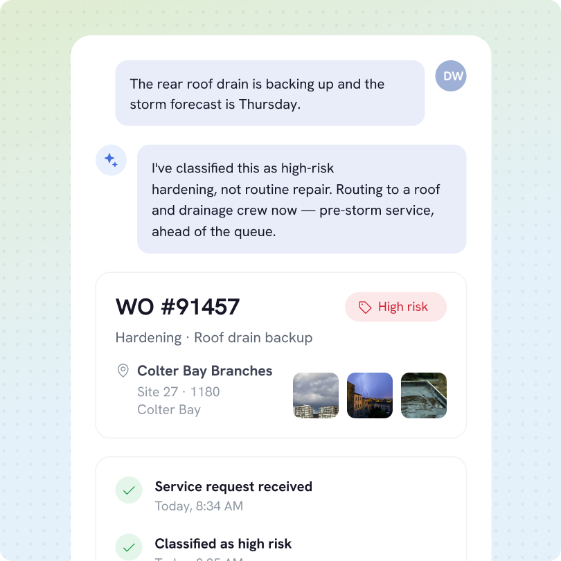 A work order interface showing a conversation about a rear roof drain backing up with an upcoming Thursday storm forecast, classified as high-risk hardening, not routine repair, routing to roof and drainage crew for pre-storm service. Work order #91457 labeled high risk for roof drain backup at Colter Bay Branches, Site 27, with three thumbnail images depicting cloudy sky, lightning over buildings, and a roof drain. Status updates indicate service request received at 8:34 AM and classification as high risk at 8:35 AM.