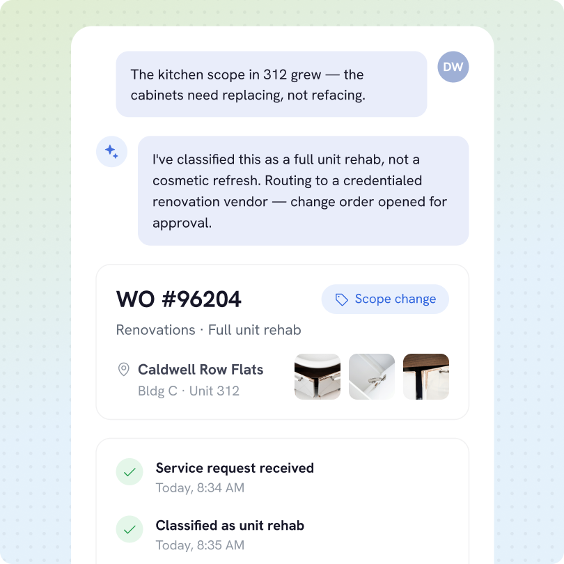 Screenshot of a renovation work order chat discussing kitchen scope change in unit 312, indicating cabinets need replacing, classified as full unit rehab, not cosmetic refresh, routing to a credentialed vendor for approval, with work order #96204 for Caldwell Row Flats, Bldg C, Unit 312, showing photos of cabinet details and status updates for service request received and classification as unit rehab.