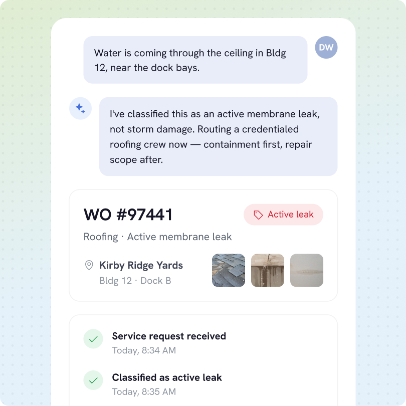 A work order interface showing a roofing active membrane leak report for building 12 near dock bays at Kirby Ridge Yards, including messages about water leaking through ceiling, classification as active membrane leak, and routing a roofing crew, with timestamps for service request and classification, plus three small images of roofing damage.