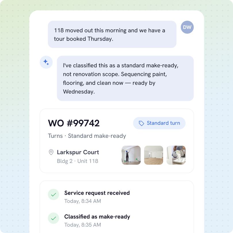 Screenshot of a work order communication and details for unit 118 at Larkspur Court, labeled WO #99742 for a standard make-ready turn. The chat notes mention the unit moved out and a tour is scheduled, with classification as standard make-ready including paint, flooring, and cleaning to be done by Wednesday. The work order shows three thumbnail images of the unit's interior and status updates indicating the service request was received at 8:34 AM and classified as make-ready at 8:35 AM.