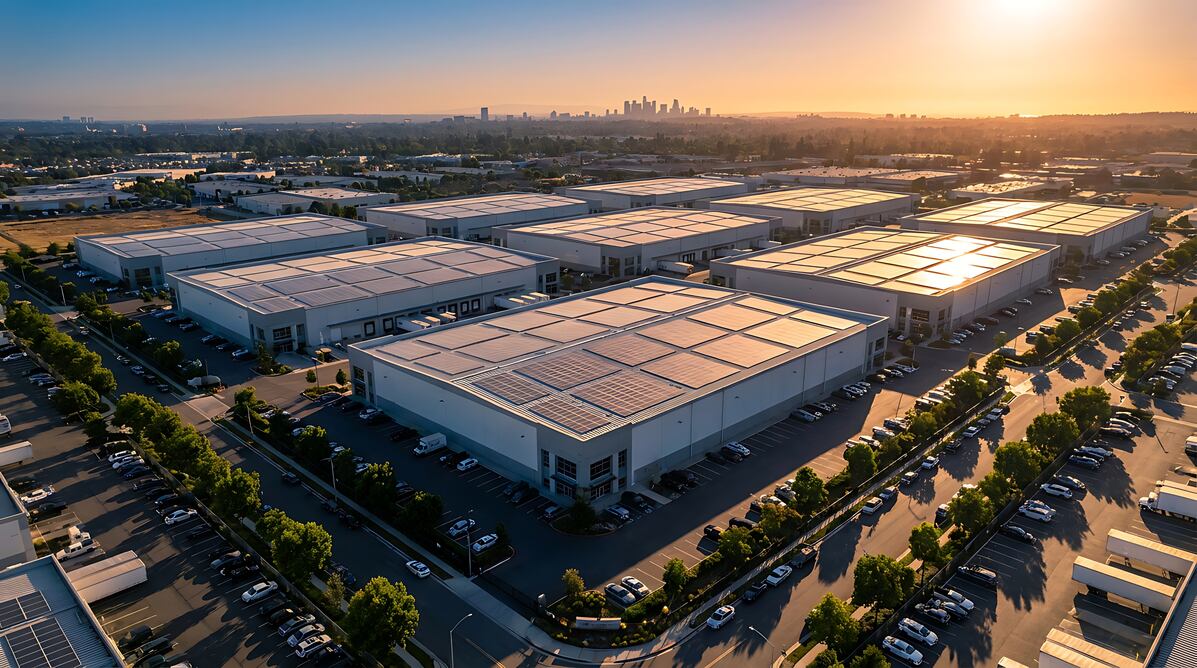 Aerial view of a modern industrial park with multiple large warehouses featuring solar panels on roofs and parking lots around, with a city skyline in the distance at sunset.