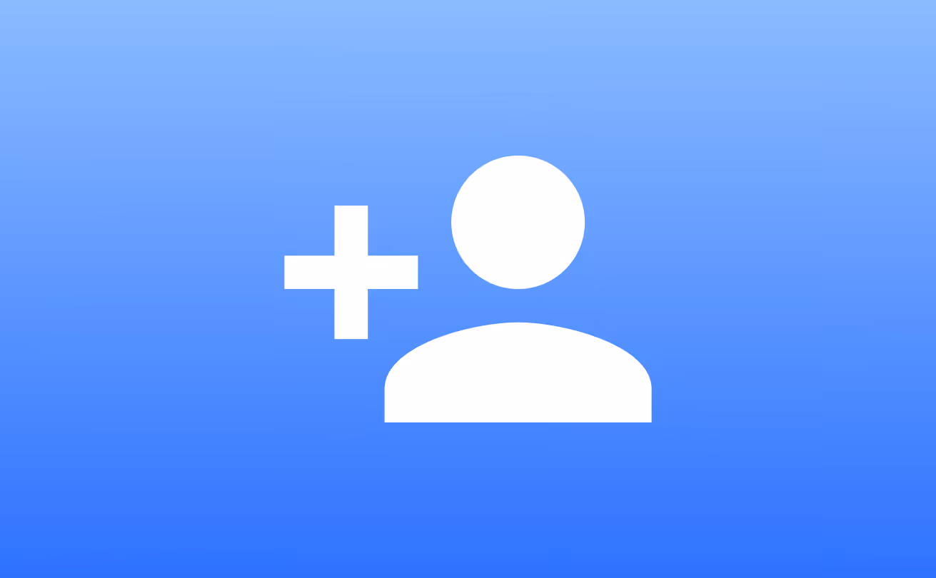 White add user icon with a plus sign next to a person silhouette on a blue gradient background.