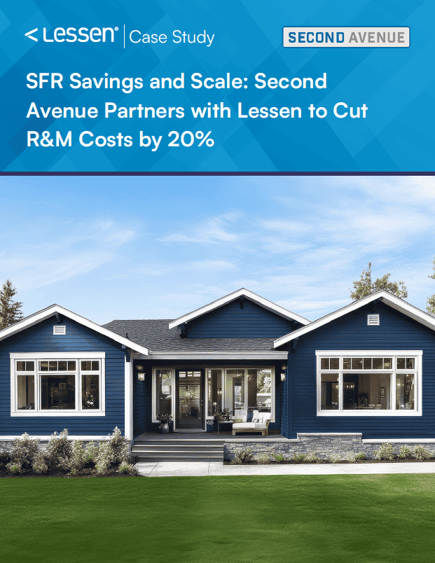 Blue single-story house with white trim and large windows under a partly cloudy sky, with a well-maintained green lawn in front. Above the house is a blue banner reading 'Lessen Case Study' and 'Second Avenue' logo with the text 'SFR Savings and Scale: Second Avenue Partners with Lessen to Cut R&M Costs by 20%.'