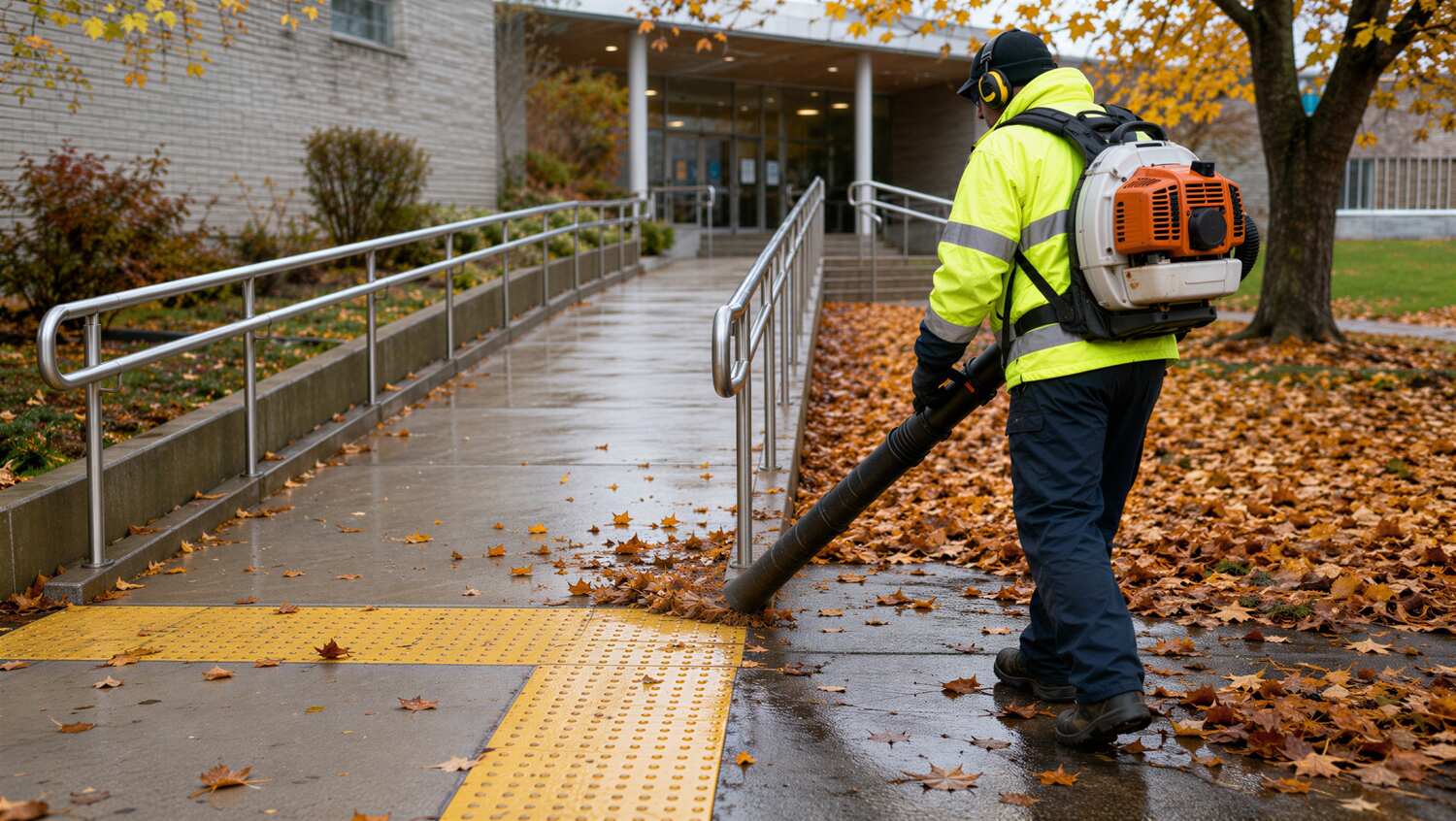 Worker in a high-visibility jacket and ear protection using a backpack leaf blower to clear fallen autumn leaves from a wet concrete sidewalk with tactile paving outside a building entrance.