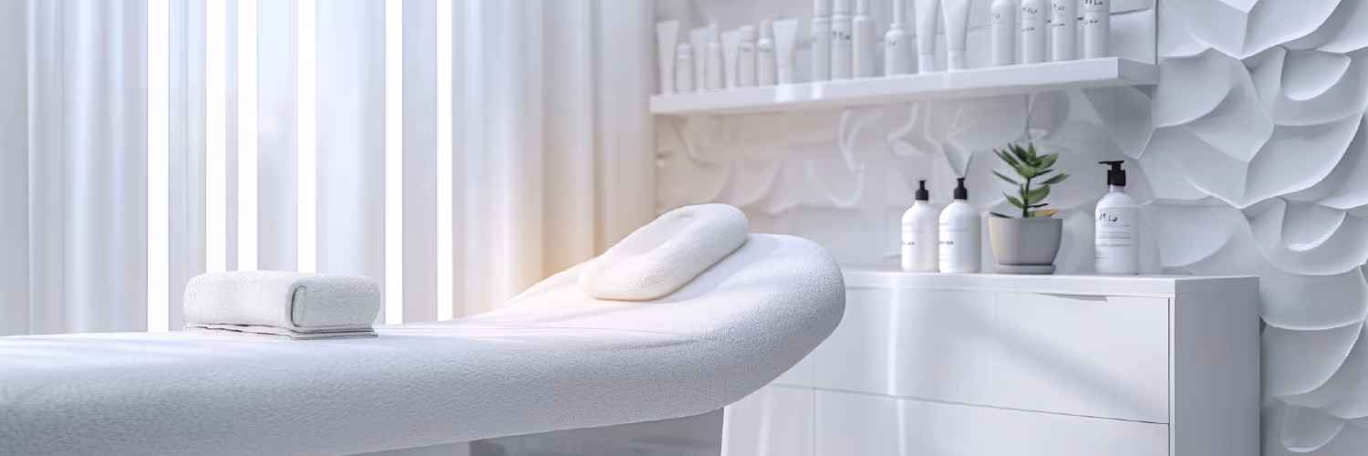 Bright spa room with a white massage table covered in a white towel, a small cushion on top, and a rolled towel at the end, set against a white wall with textured floral patterns and shelves holding white bottles and a small potted plant.