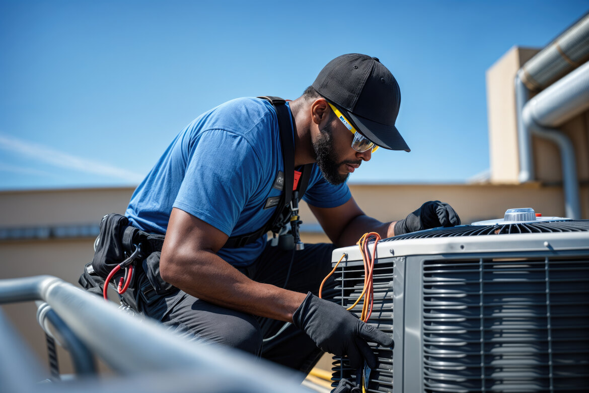 Man wearing a black cap, safety glasses, and gloves inspecting and working on an outdoor HVAC unit with wires visible under a clear blue sky.