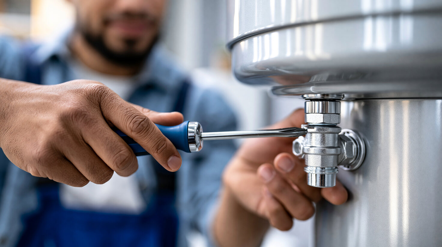 Close-up of a man fixing a metal valve on a cylindrical water heater using a screwdriver.