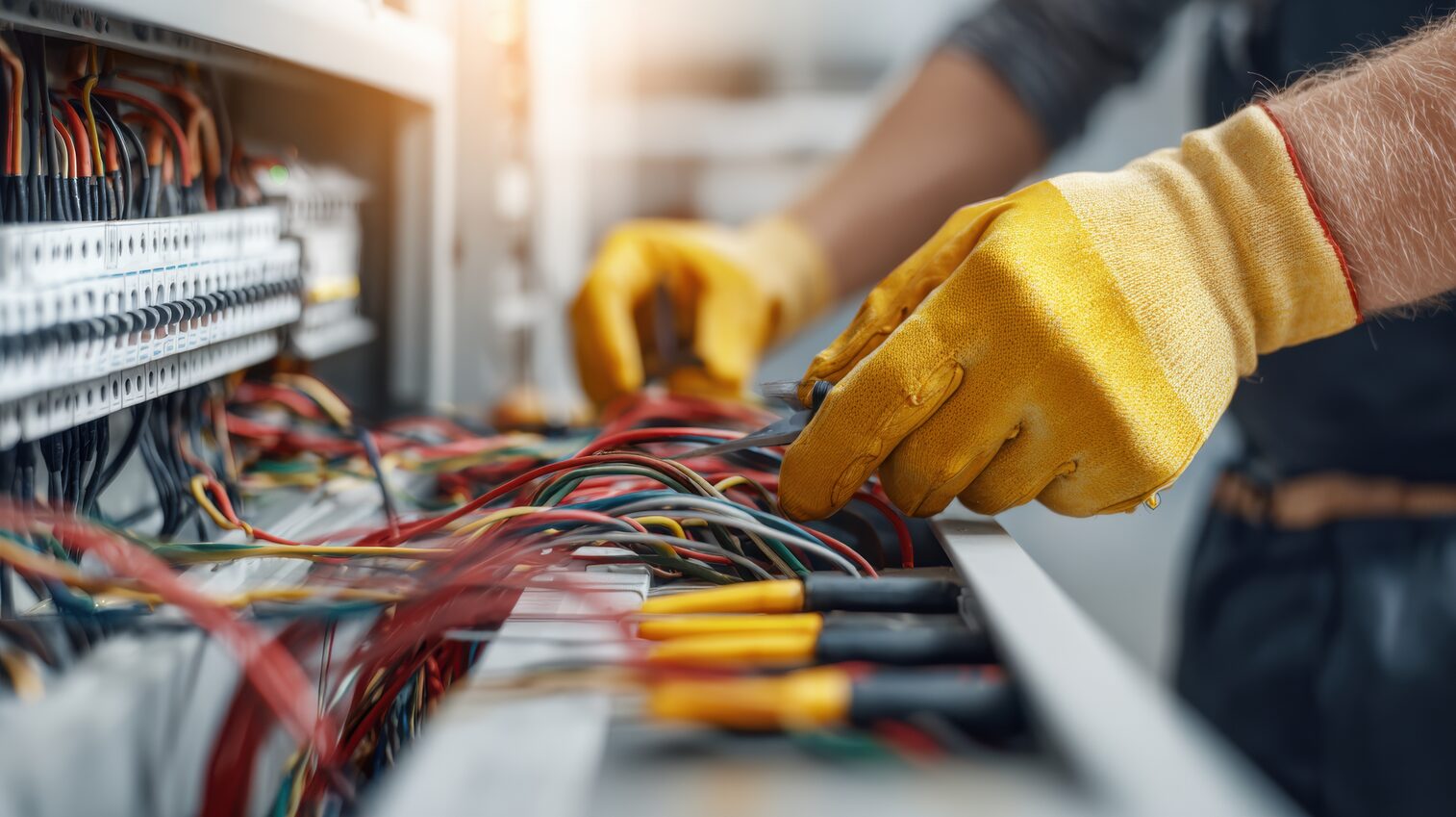An electrician wearing yellow protective gloves working on a panel of multicolored electrical wires connected to circuit breakers inside an electrical box.