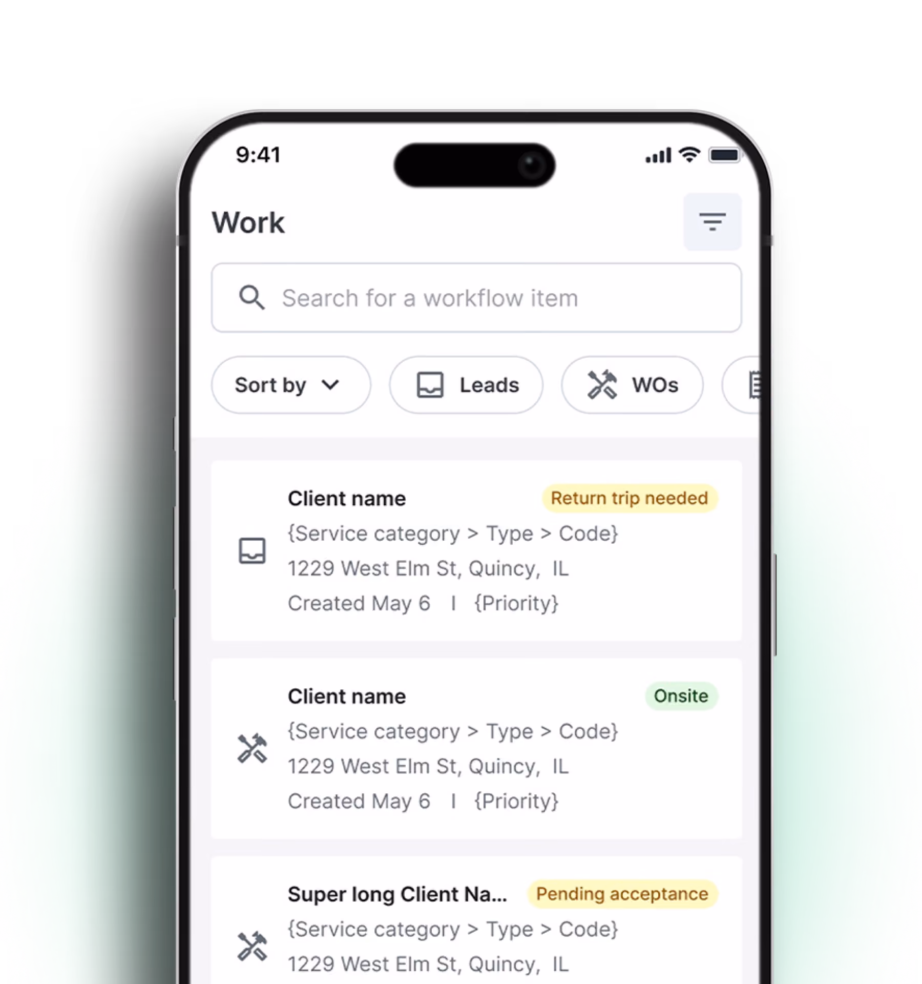 Mobile app interface titled 'Work' showing a search bar and sort/filter buttons, followed by a list of workflow items with client names, service categories, addresses in Quincy, IL, creation date May 6, and status tags such as 'Return trip needed,' 'Onsite,' and 'Pending acceptance.'