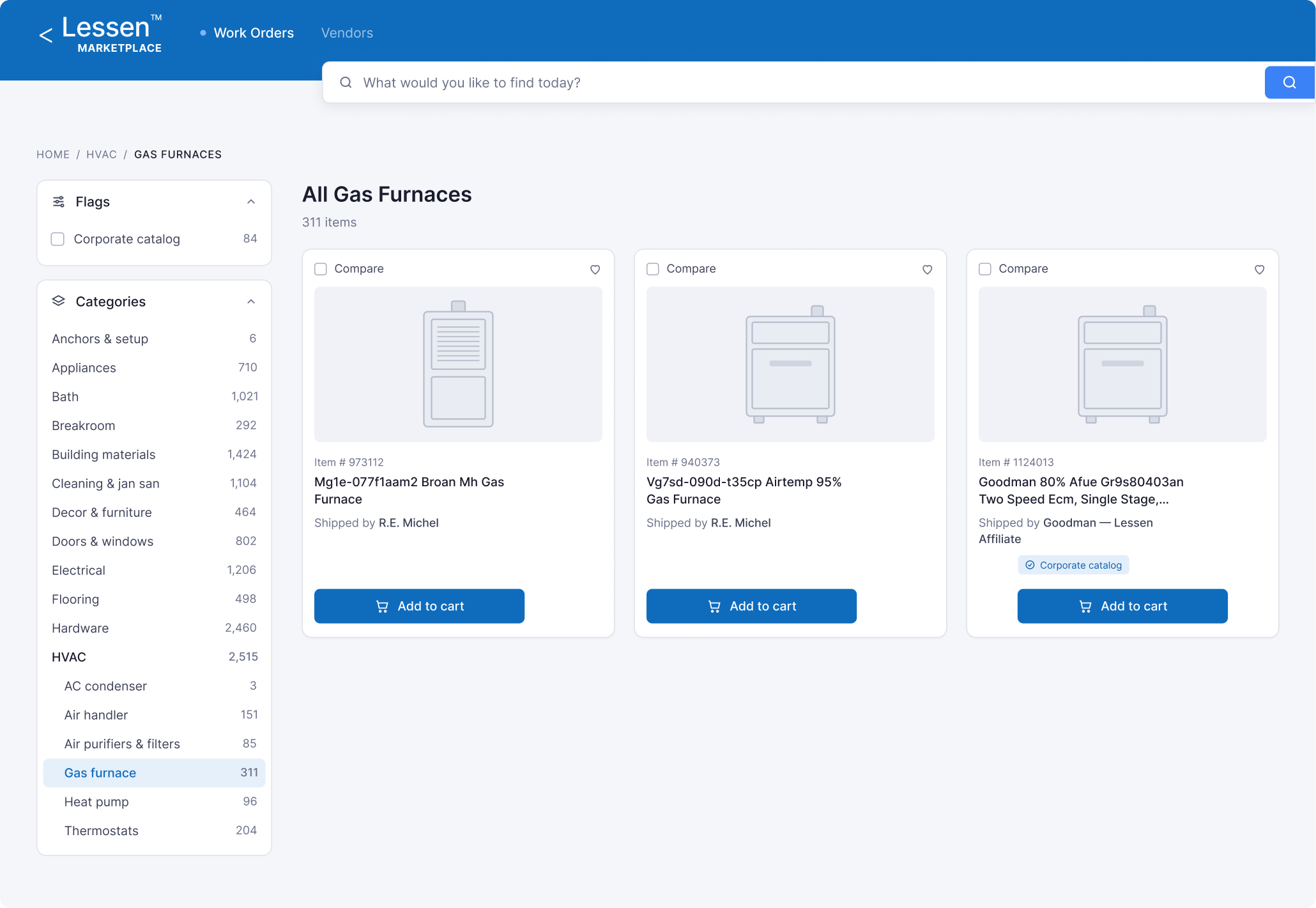 Lessen Marketplace web page showing a gas furnace product category with 311 items; search bar at top; navigation links for Work Orders and Vendors; sidebar with product categories like Appliances, Bath, HVAC, and subcategories including Gas furnace selected; main section displays three gas furnace product cards with item numbers, names, shipping info, and Add to cart buttons.