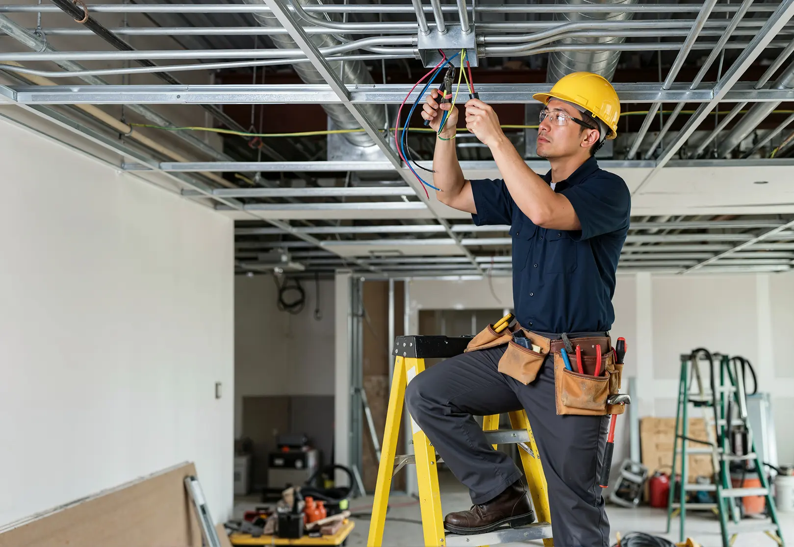 Electrician in a yellow hard hat and navy uniform standing on a yellow ladder while working on exposed ceiling wiring in a construction site.