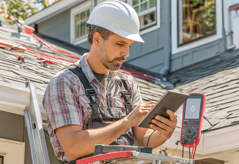 Construction worker wearing a white hard hat and plaid shirt on a roof using a tablet with a moisture meter beside him.