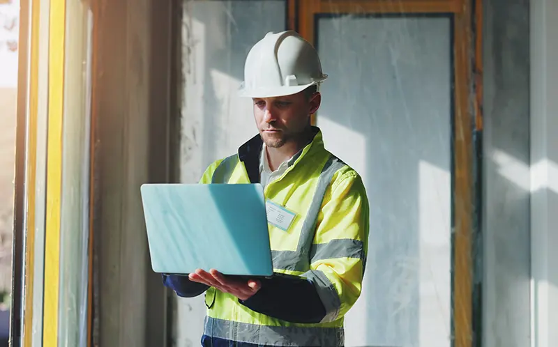Construction worker wearing a white hard hat and yellow reflective safety jacket using a laptop indoors at a construction site.