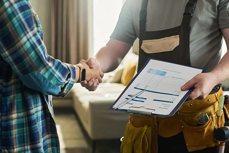 Person in a green plaid shirt shaking hands with a handyman wearing a tool belt and holding a clipboard with an invoice form inside a living room.