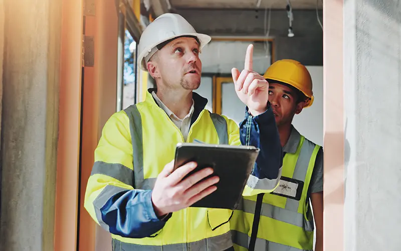 Two construction workers indoors, one wearing a white hard hat and neon yellow jacket holds a tablet and points upwards while the other worker in a yellow hard hat and vest looks on.