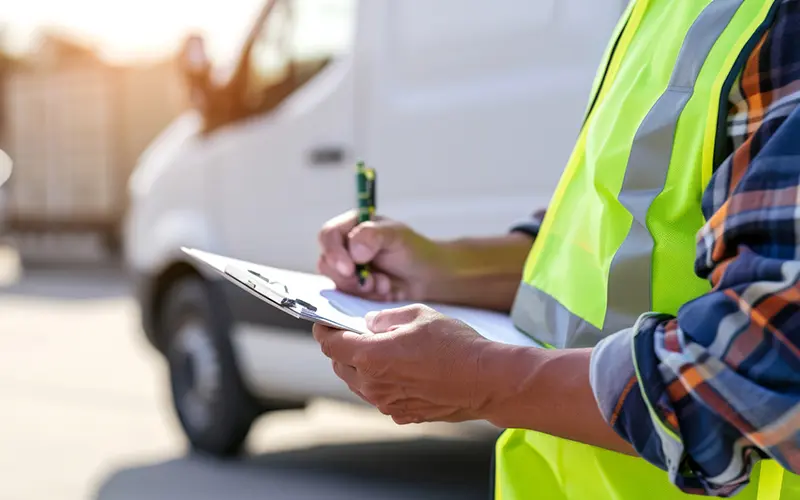 Construction worker wearing a yellow safety vest and plaid shirt holding a clipboard and writing with a pen in front of a white van outdoors in sunlight.