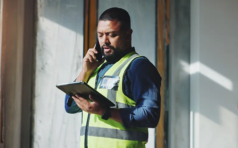 Man in a construction site wearing a yellow safety vest talking on a phone while holding and looking at a tablet.