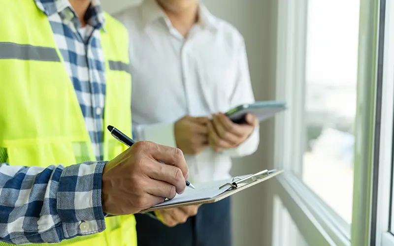 Two men standing near a window; one wearing a yellow safety vest over a blue checkered shirt is writing on a clipboard, while the other in a white shirt holds a tablet.