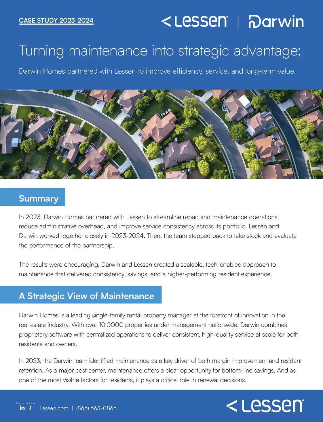 Case study 2023-2024 by Lessen and Darwin titled 'Turning maintenance into strategic advantage.' It describes Darwin Homes' partnership with Lessen to improve repair and maintenance efficiency, reduce overhead, and enhance service consistency. The summary outlines the collaboration to streamline operations and improve service, resulting in savings and better resident experience. Darwin Homes manages over 10,000 single-family rental properties nationwide, using proprietary software for consistent service. Maintenance is highlighted as key for margin improvement, resident retention, and renewal decisions.