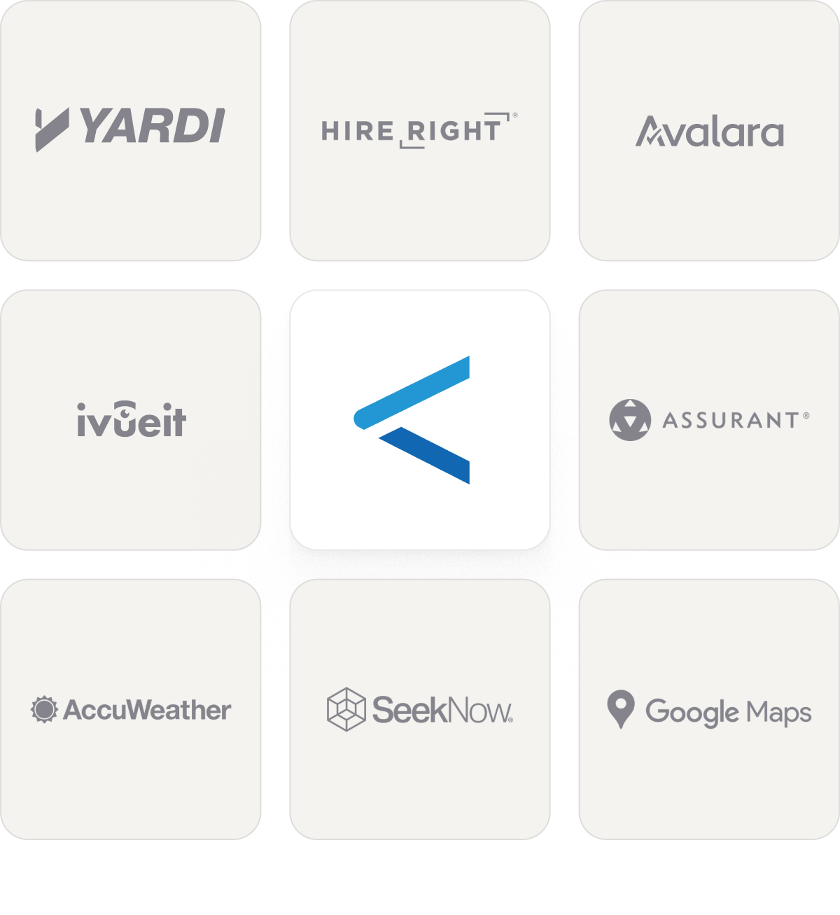 Grid of nine rounded squares displaying logos of various companies: Yardi, HireRight, Avalara, IVEIT, a central blue angled arrow logo, Assurant, AccuWeather, SeekNow, and Google Maps.