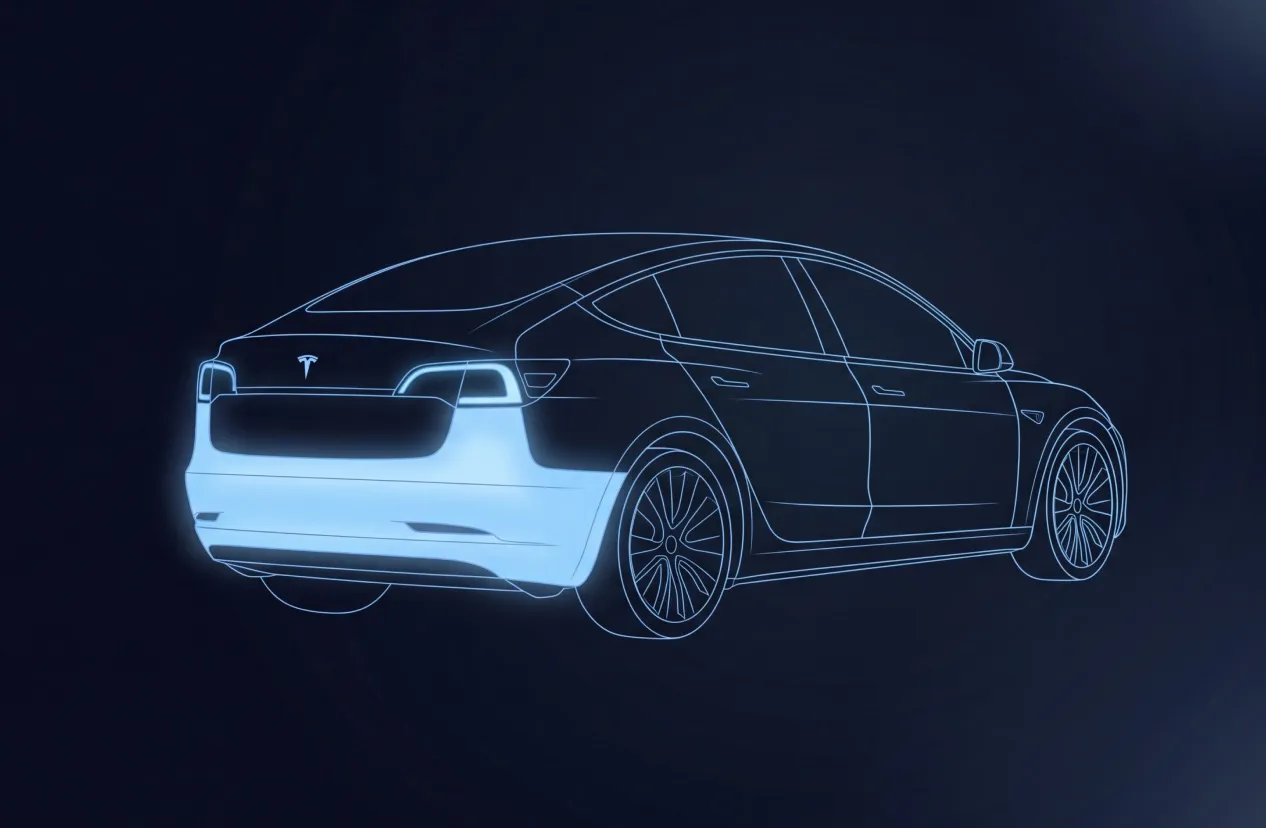 Tesla Model 3 als Drahtgittermodell, Heckschaden hervorgehoben
