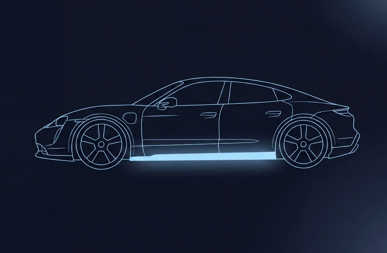 Porsche Taycan als Drahtgittermodell, Schwellerschaden hervorgehoben