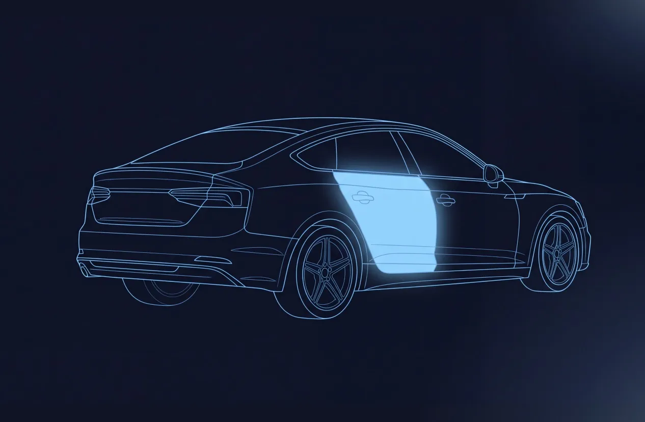 Audi als Drahtgittermodell, Schäden an der Fahrertür hervorgehoben