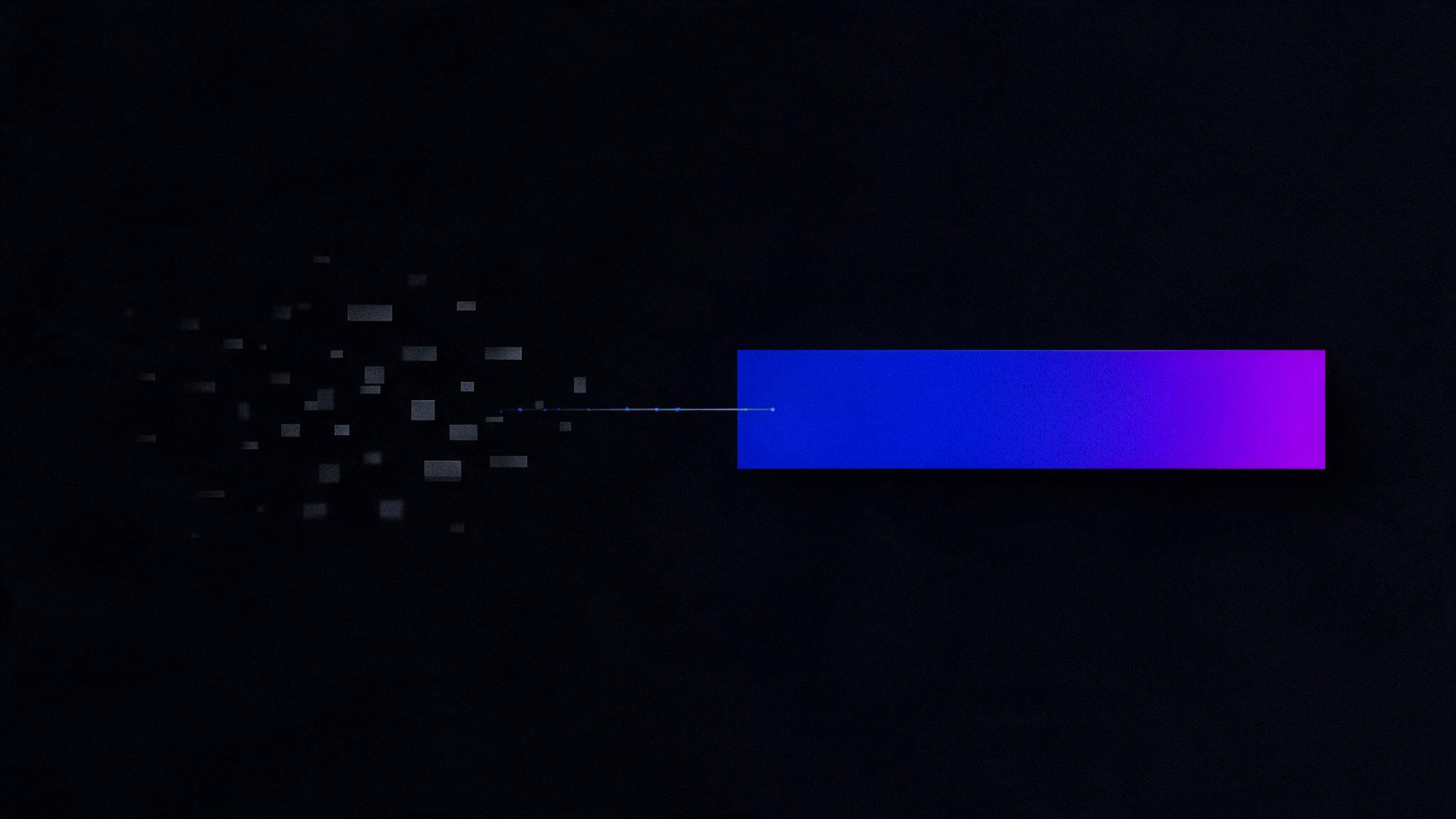 Scattered grey shapes on the left that arrange themselves into a bright blue-violet bar on the right