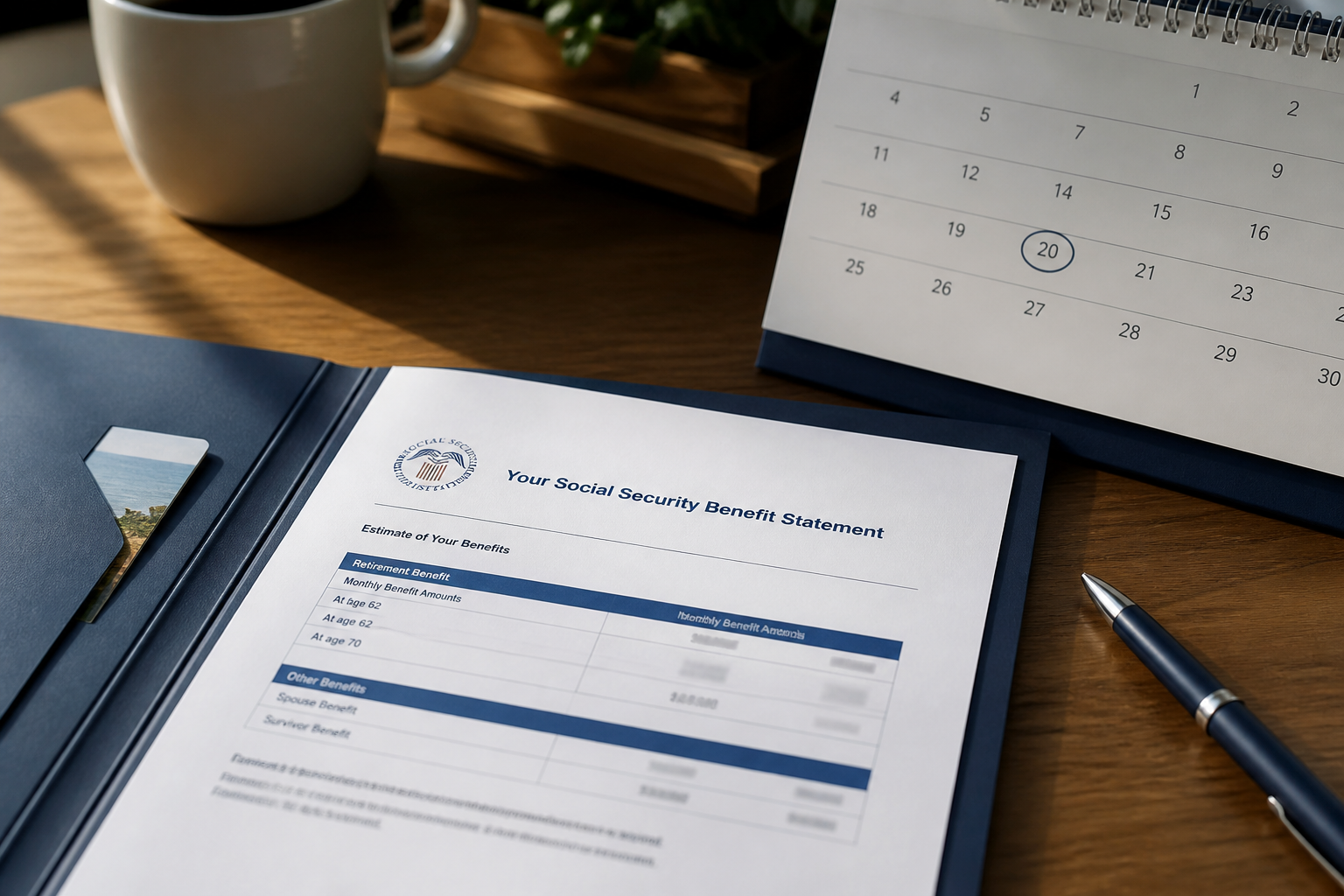Social Security timing planning materials on a desk