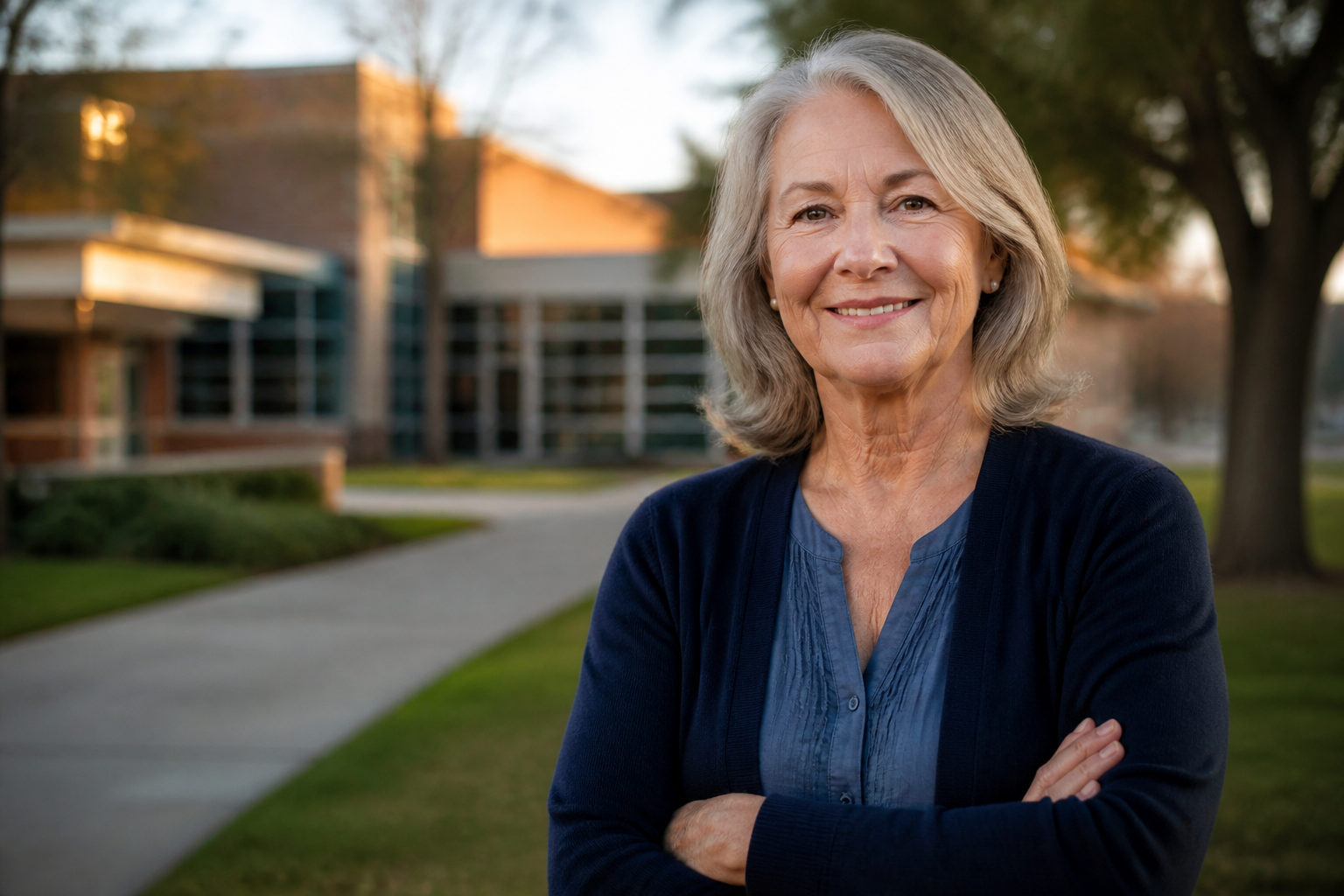 Educator near retirement outside a school building