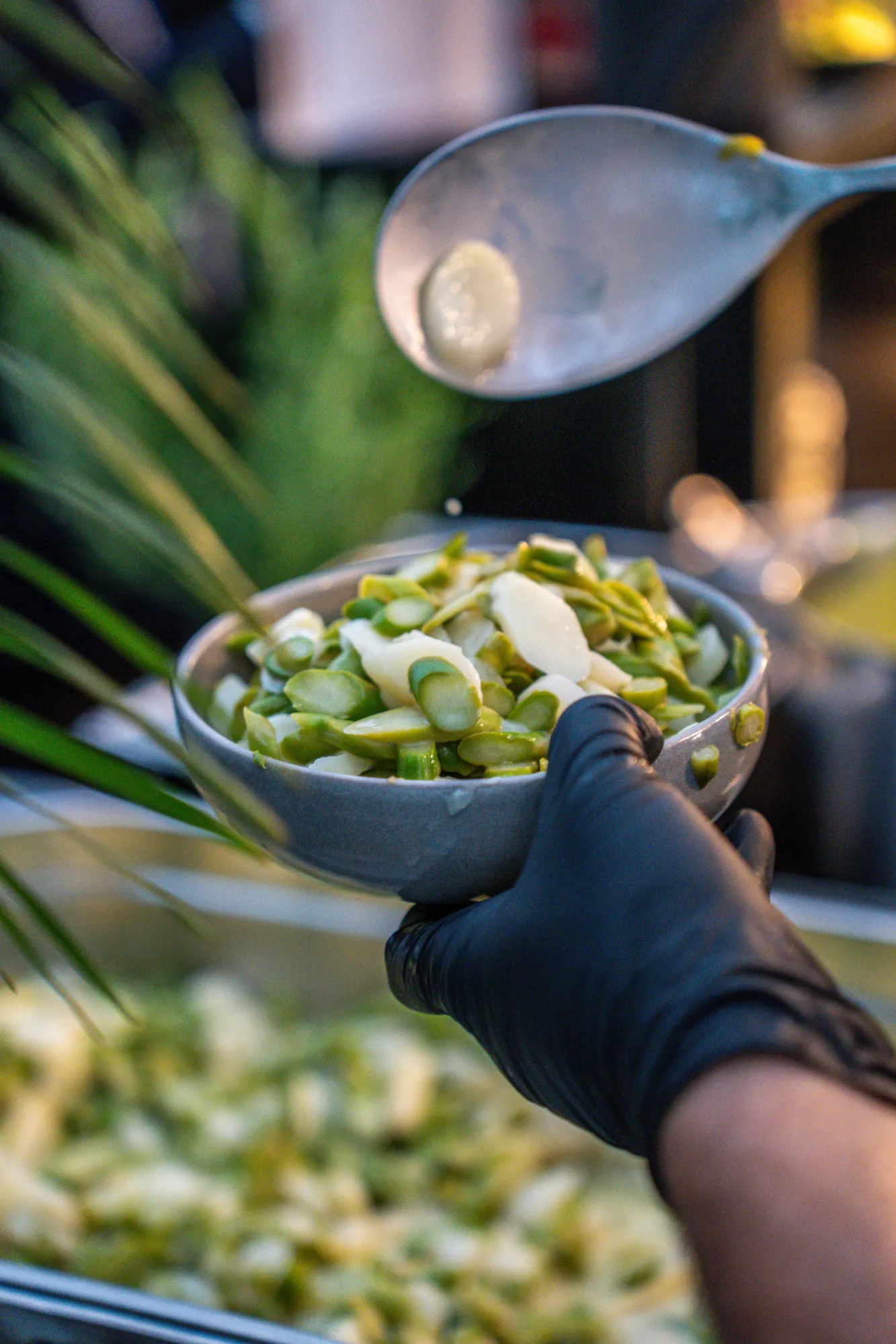 Flying dinner: an asparagus bowl being served
