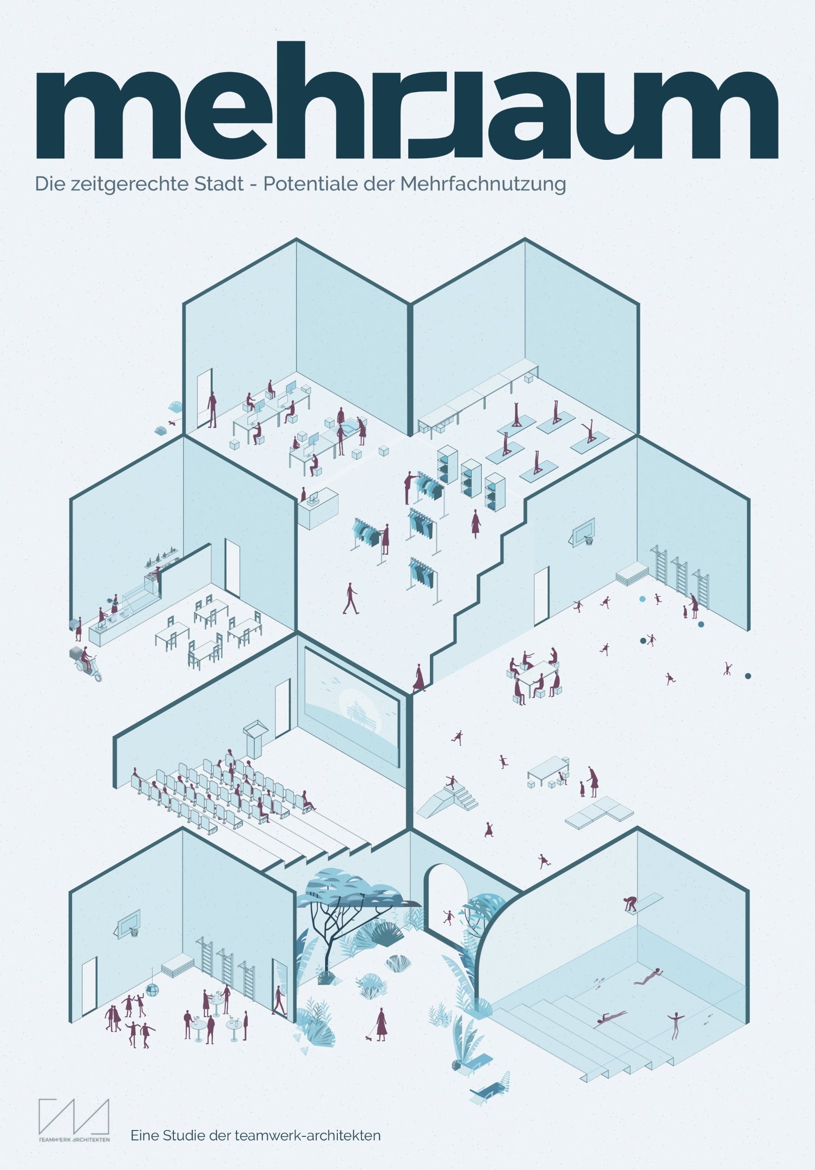 mehrraum – Die zeitgerechte Stadt: Titel der Studie mit isometrischer Darstellung mehrfach genutzter Räume