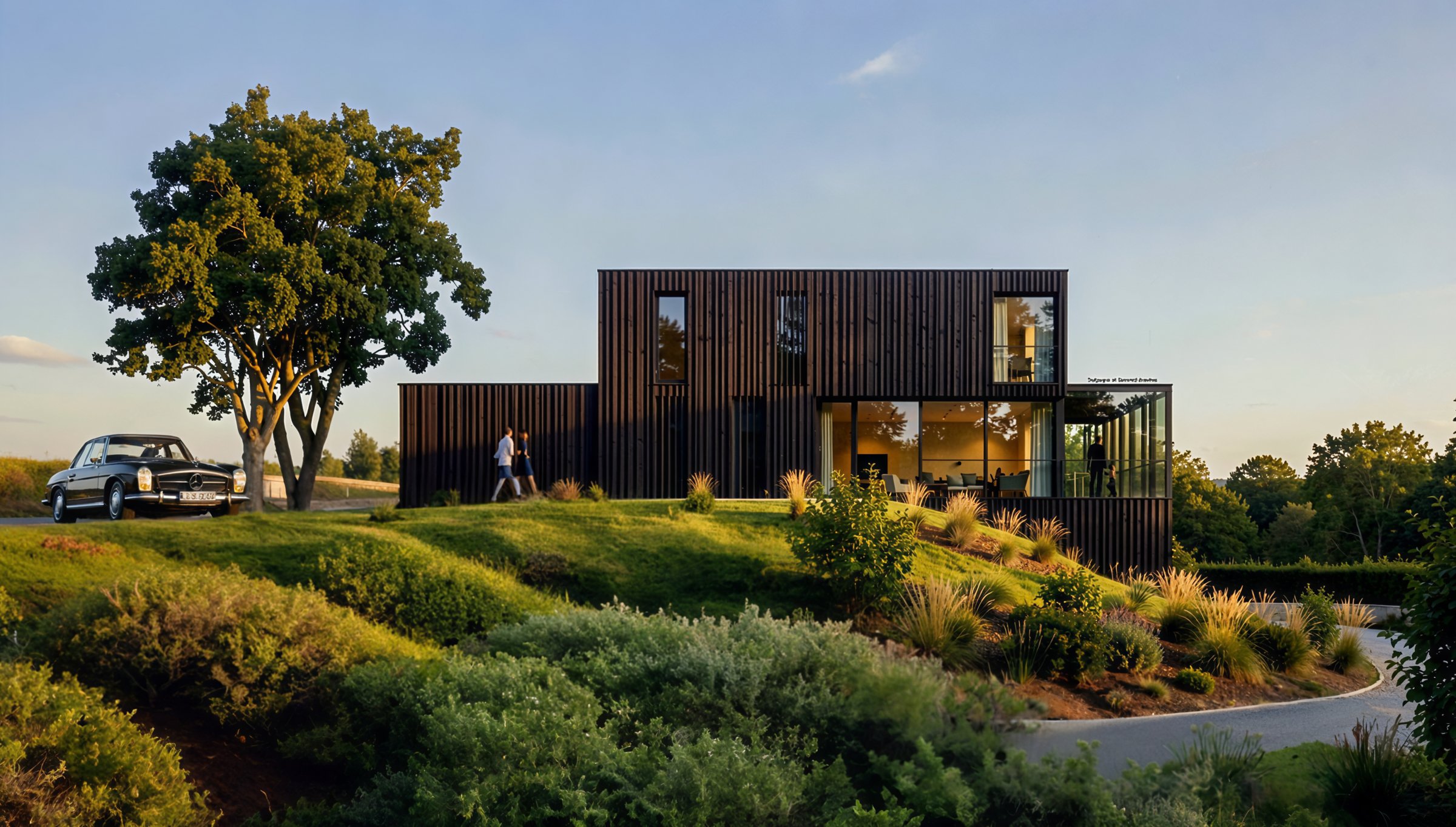SELB Einfamilienhaus Selb – Visualisierung, dunkle Holzfassade im Abendlicht
