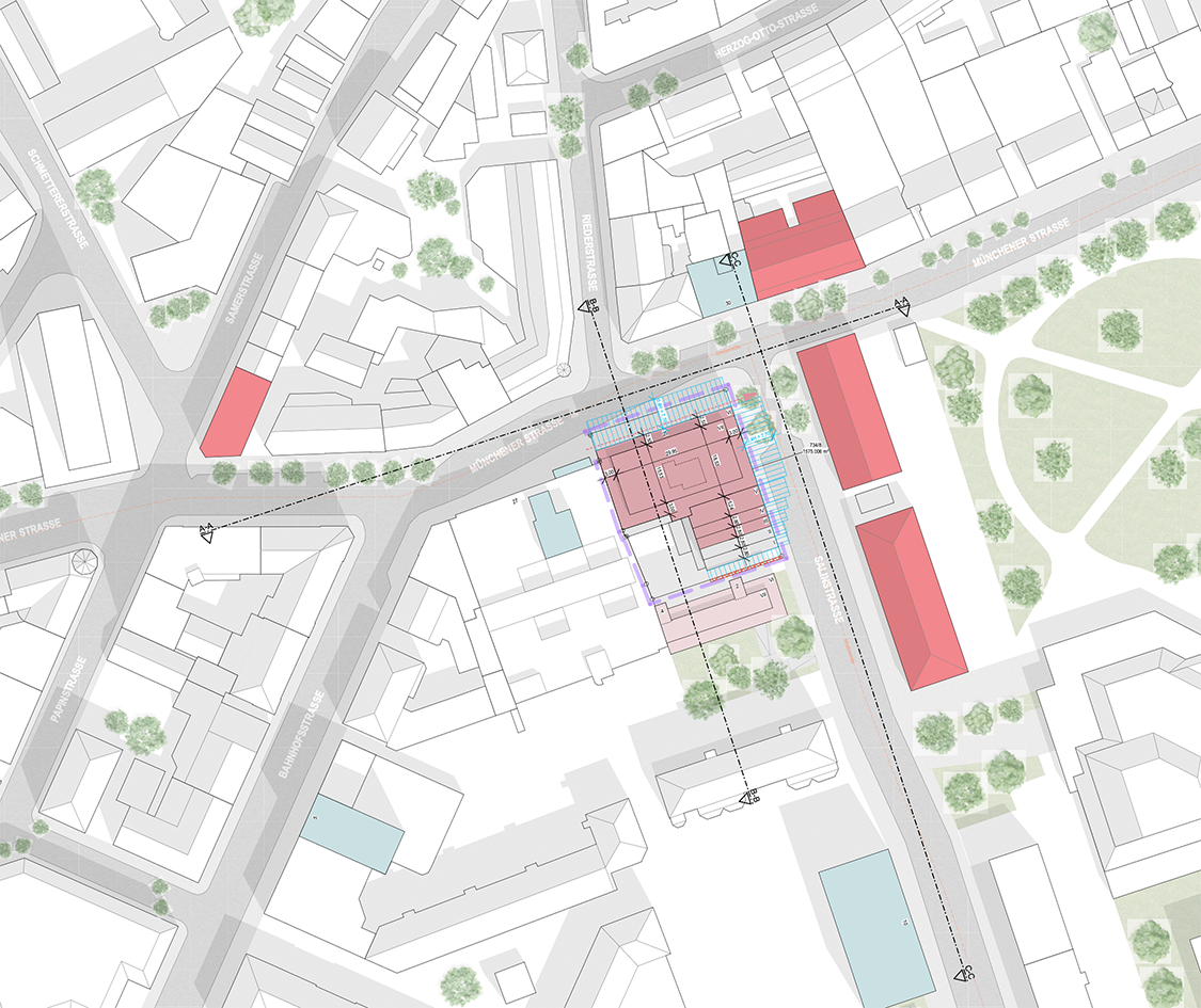 Lageplan des Kaufhauses in der Rosenheimer Innenstadt mit Umgebungsbebauung