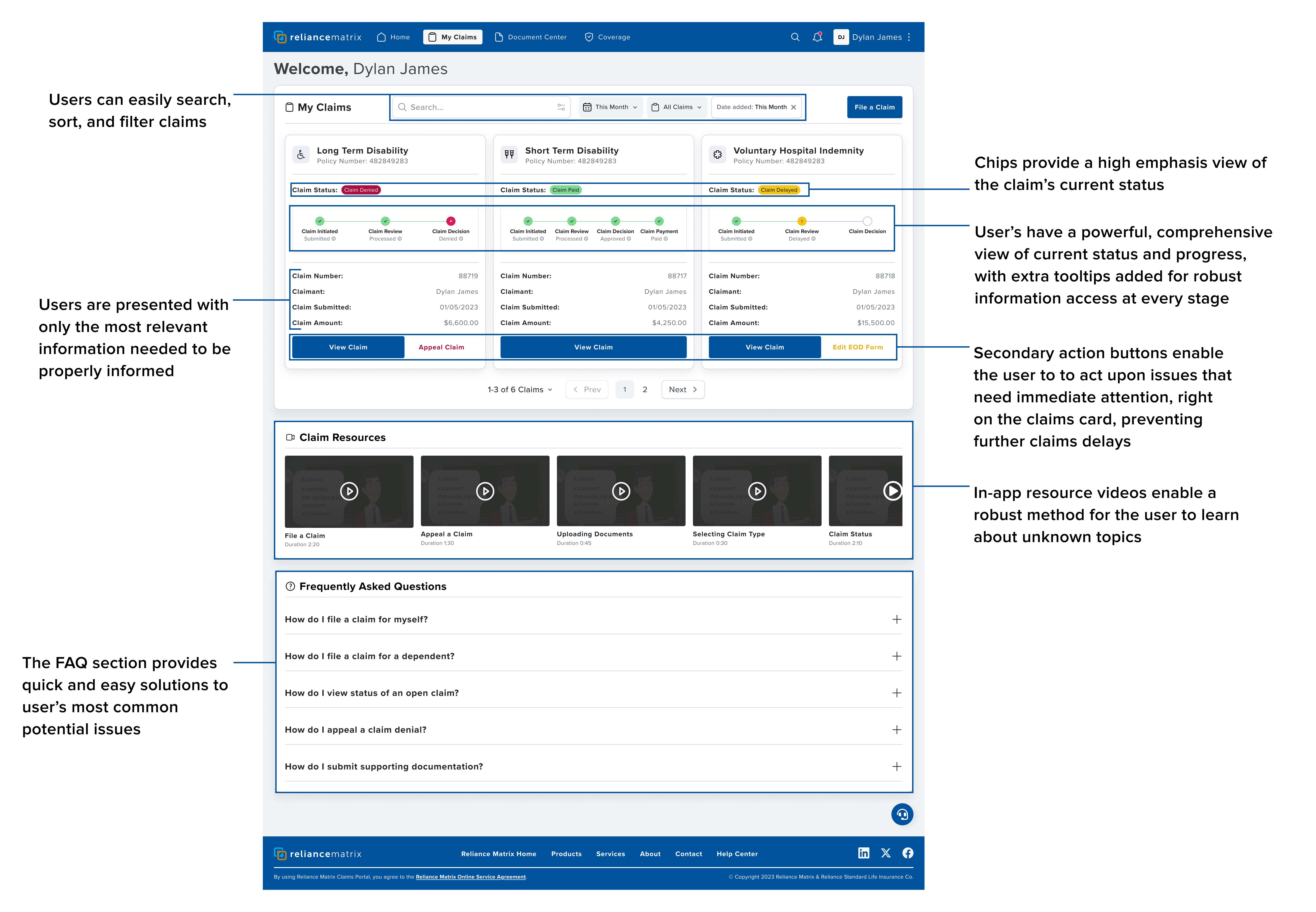 annotated screenshot of actual claims portal feedback