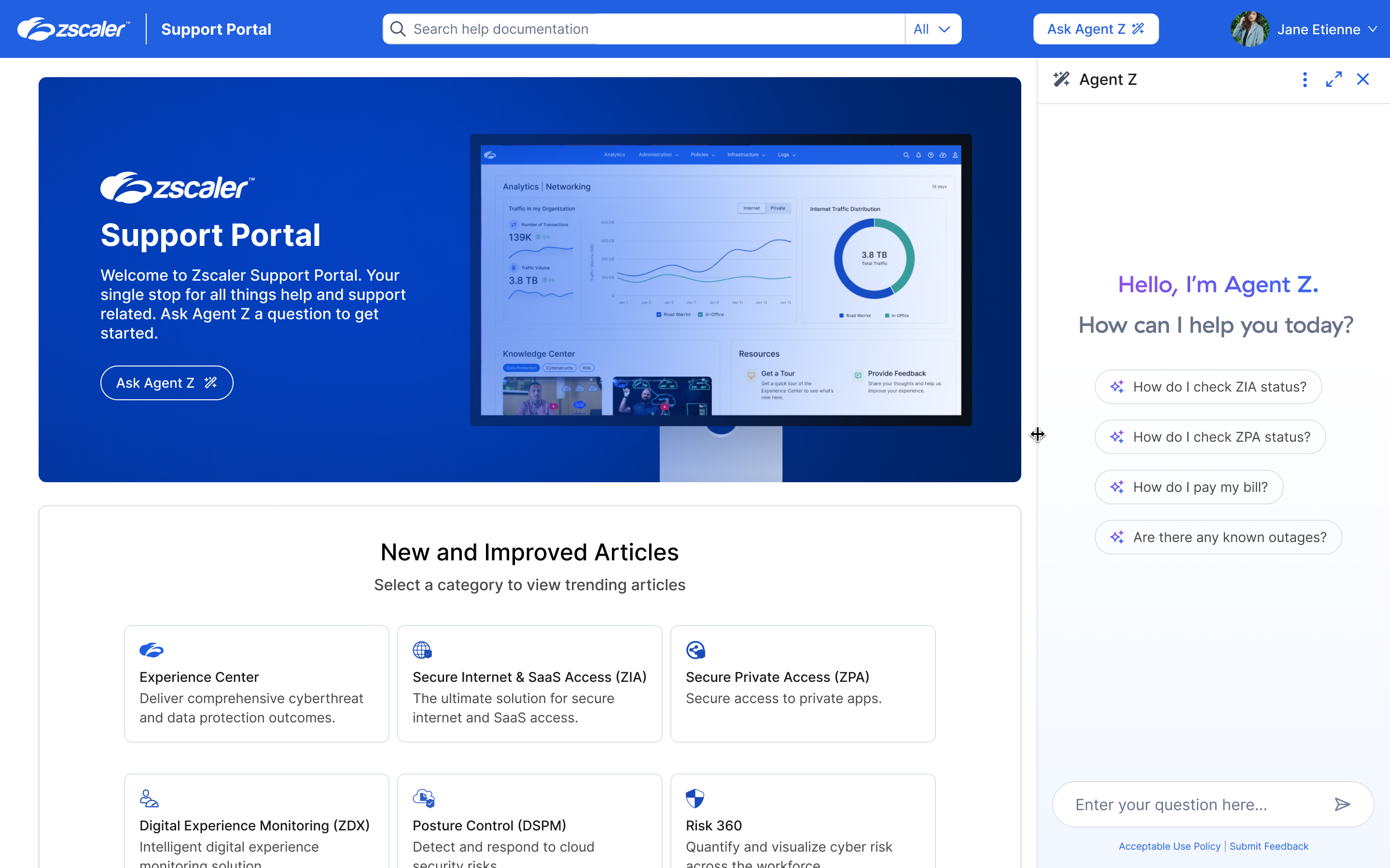 Agent Z intelligent support interface answering a customer question