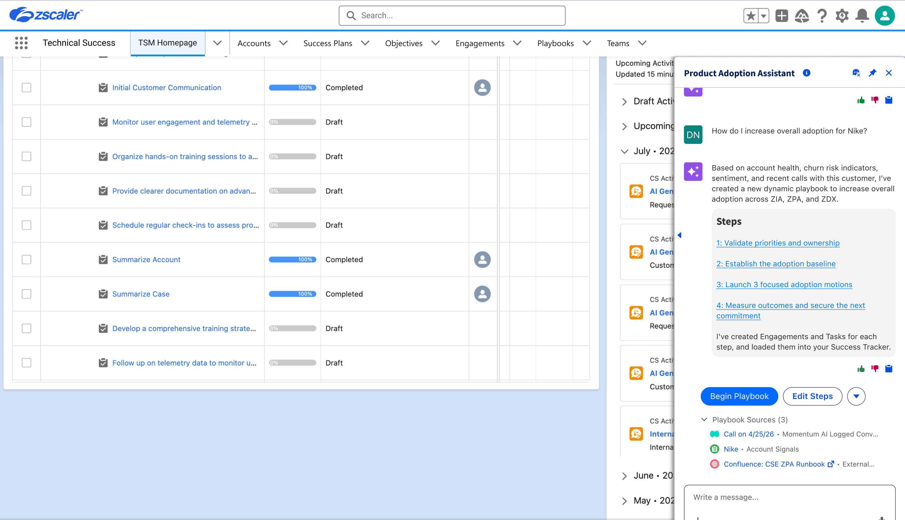 Product Adoption Assistant showing a recommended adoption play for a customer account