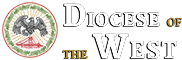 Logo featuring an eagle holding a shield above the text 'Diocese of the West' in bold, uppercase letters with a green background.