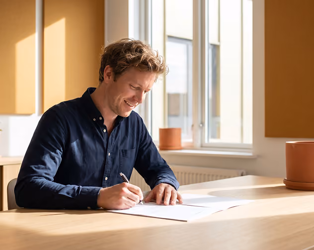Homme souriant signant un document à une table en bois près d'une fenêtre