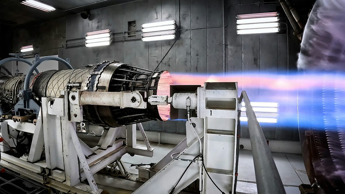 Jet engine on a test stand with afterburner
